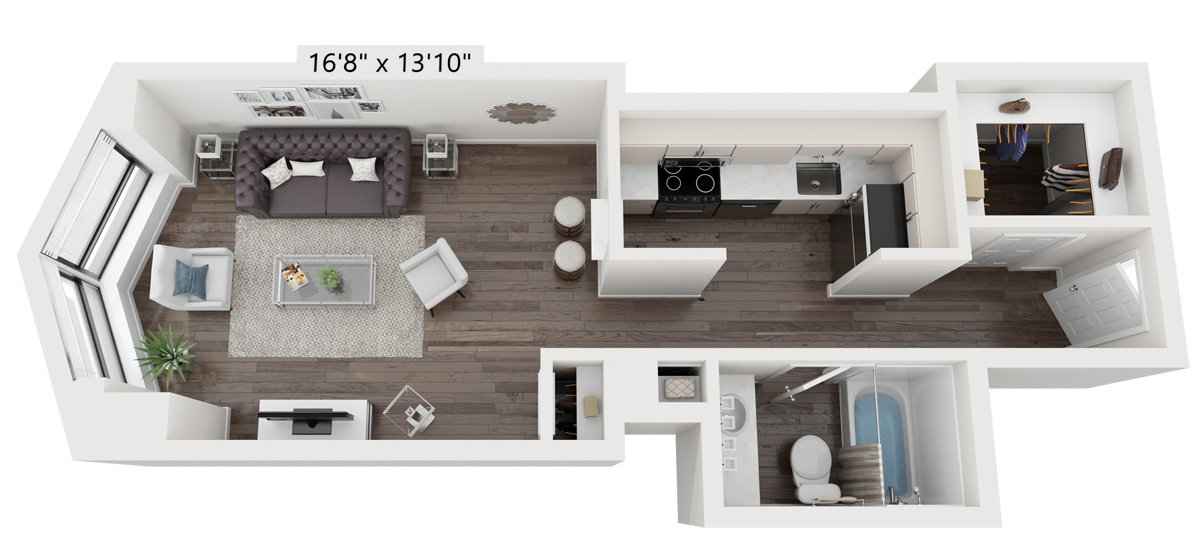 Floor plan for studio, 1 bath, 485 sqft